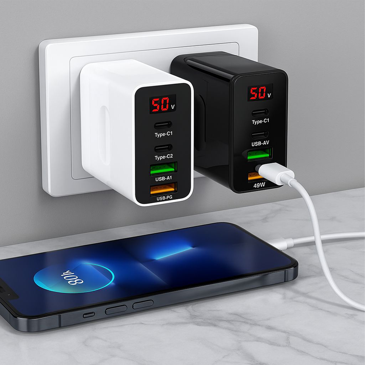 Fast Charger, 2 USB + 2 Type-C, LED Display