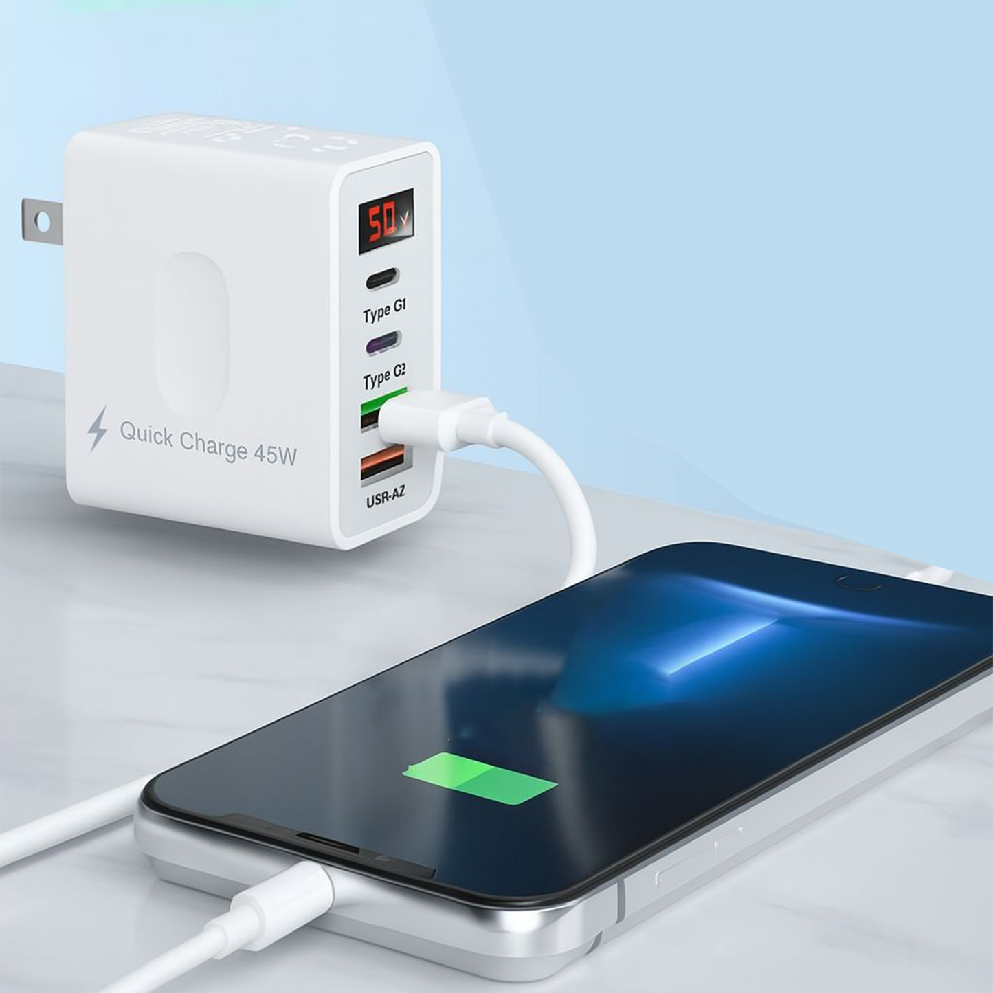 Fast Charger, 2 USB + 2 Type-C, LED Display